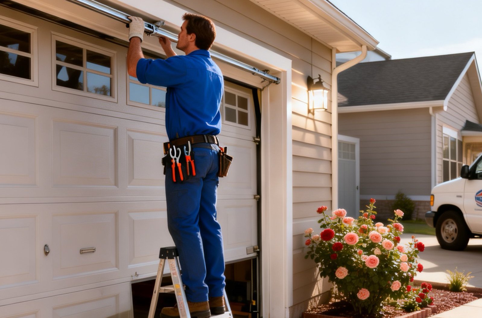 Technician performing garage door maintenance
