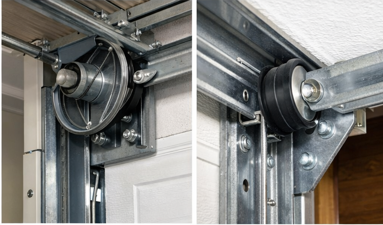 Technician repairing garage door tracks